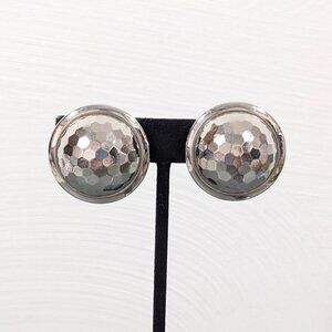 Vintage Silver Tone Faceted Round Dome Clip On Earrings Statement Bold